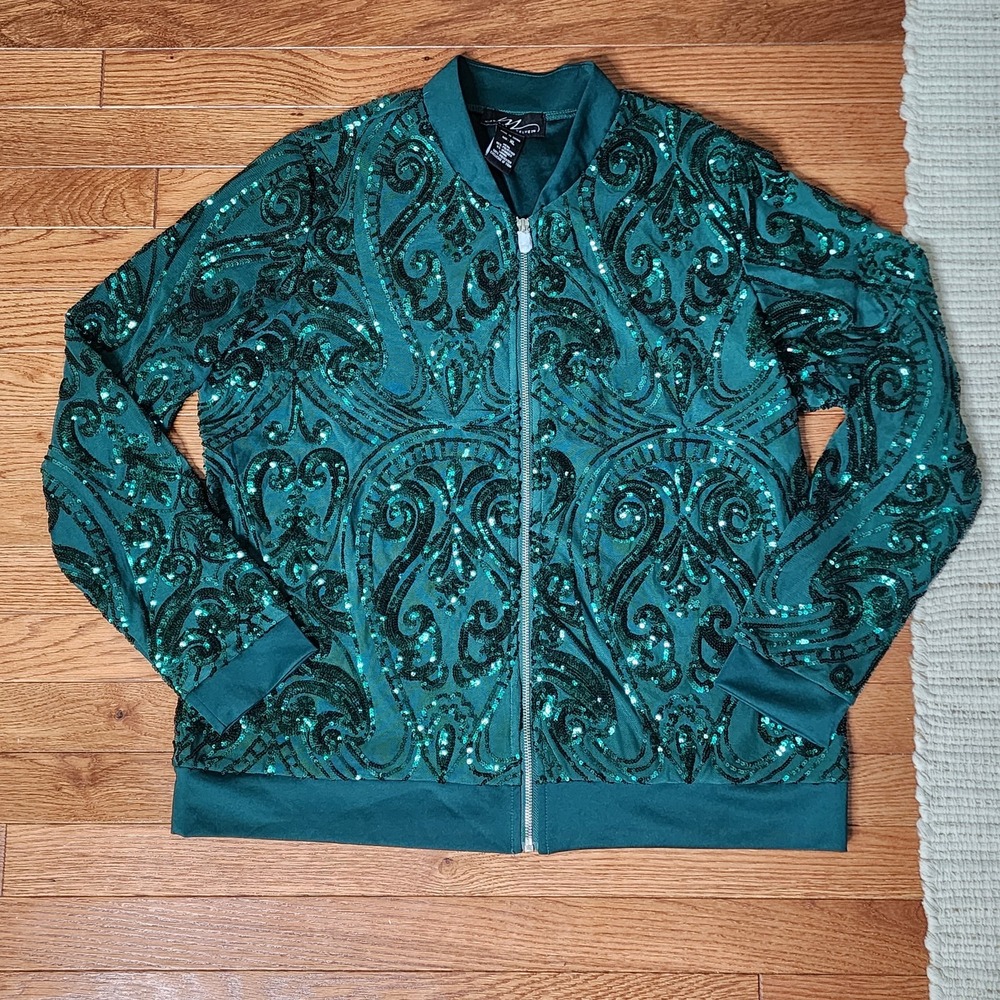 Midnight Velvet Green Sequin Jacket XL Full Zip Stretch Paisley Party